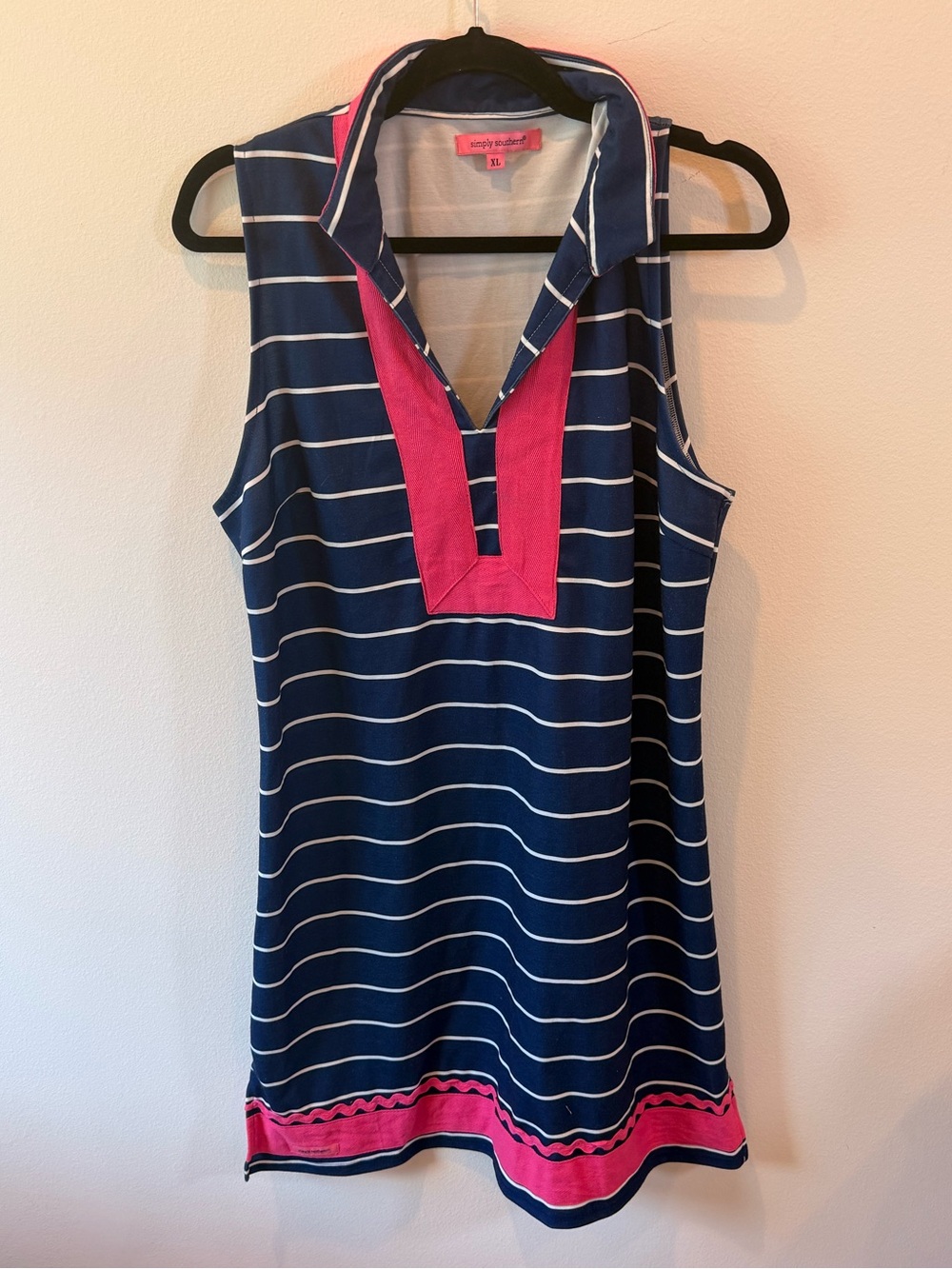 Women's Simply Southern Dress XL Navy Pink Striped Sleeveles